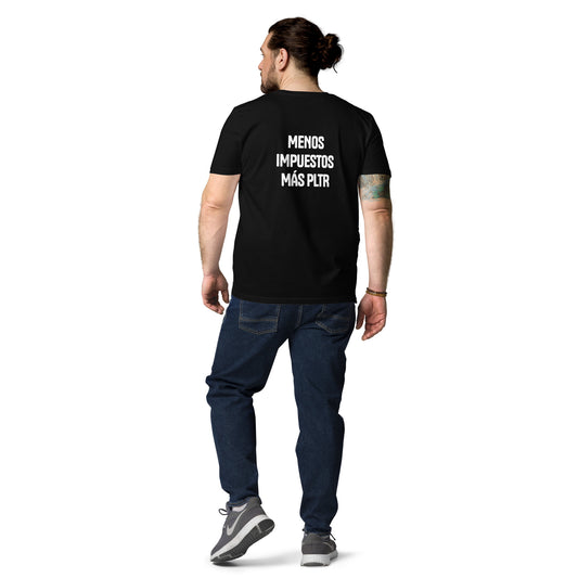 Camiseta de algodón orgánico unisex "Menos impuestos más PLTR" negra LFCFR